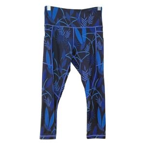Zyia Active Women's Cropped Dark Blue Leaf Print Leggings Size 4 Athleisure Yoga